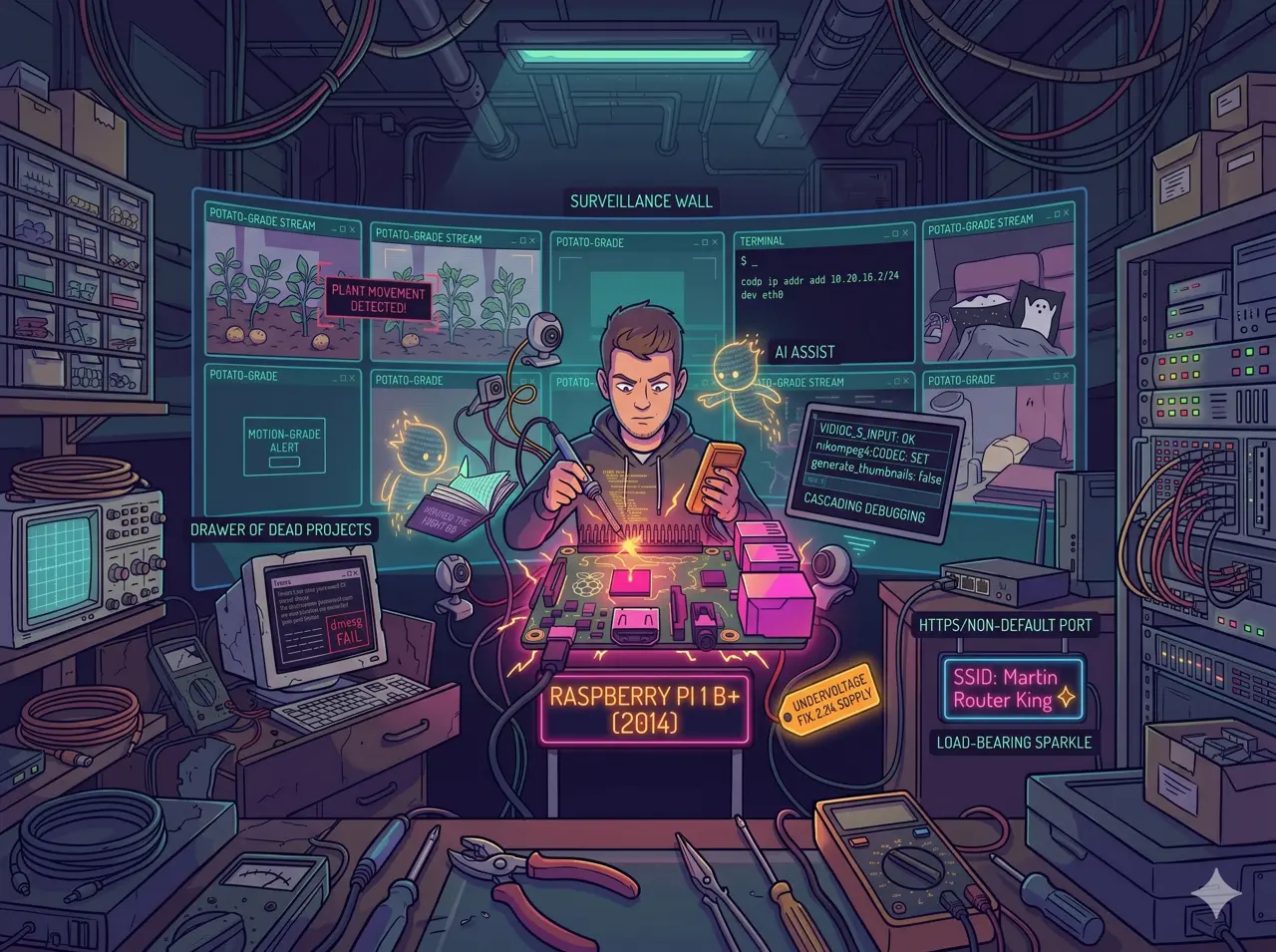 A square cyberpunk-style illustration of a developer intensely soldering a glowing 2014 Raspberry Pi at a workbench, aided by two small, glowing AI holograms. He is surrounded by floating terminal windows, debugging labels, and a curved "Surveillance Wall" displaying low-resolution camera feeds of potted plants.