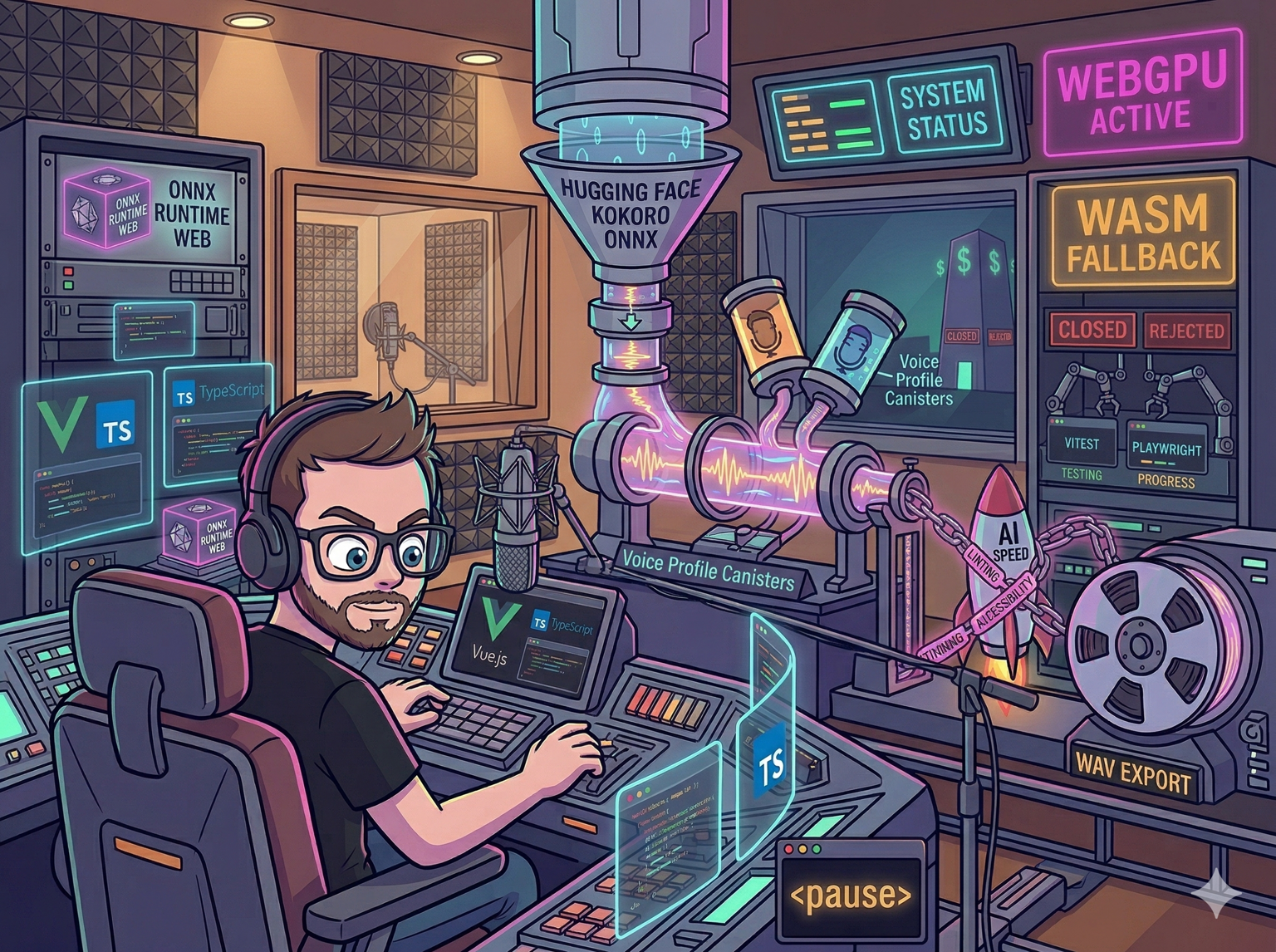 A cyberpunk illustration of Martin in a neon-lit recording studio operating a futuristic audio console. Glowing soundwaves flow from a 'Kokoro ONNX' hopper, surrounded by Vue.js holograms and an 'AI Speed' rocket anchored by chains labeled 'Linting' and 'Accessibility'