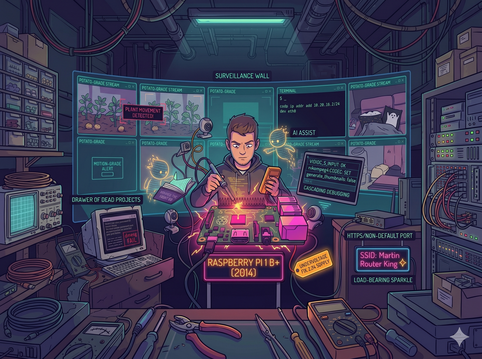 A square cyberpunk-style illustration of a developer intensely soldering a glowing 2014 Raspberry Pi at a workbench, aided by two small, glowing AI holograms. He is surrounded by floating terminal windows, debugging labels, and a curved "Surveillance Wall" displaying low-resolution camera feeds of potted plants.