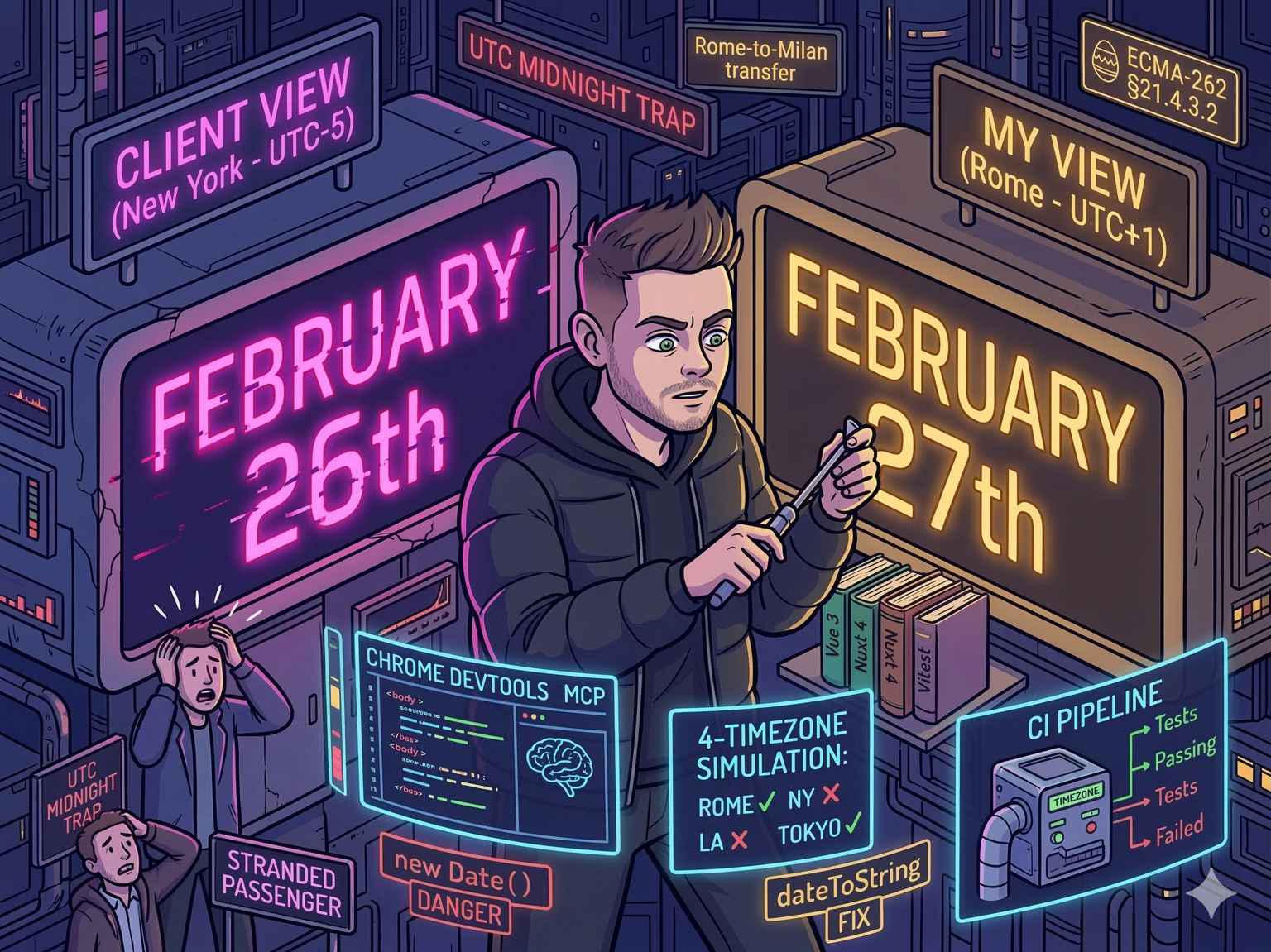 An editorial cartoon of a developer caught between two giant glowing clocks showing different times, surrounded by neon-lit debugging tools and timezone labels.